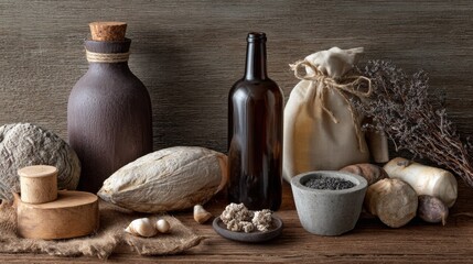 Obraz premium Rustic still life of clay bottles and grains on wooden table for culinary concept photography