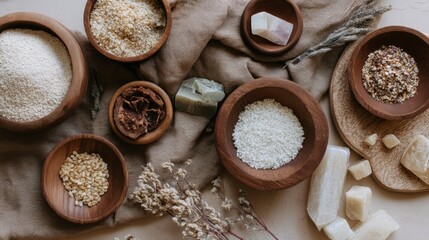 Fototapeta premium Variety of whole grains and flours in ceramic bowls flatlay for nutrition and food concept