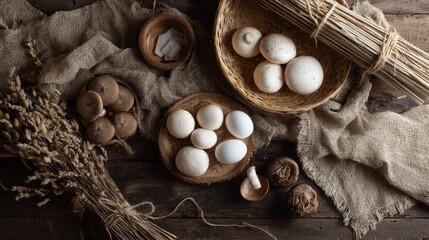 Rustic still life with eggs, mushrooms and straw