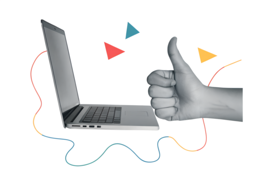 A hand with a thumb up comes out of a laptop monitor. Symbol of approval. Modern photo collage style. Illustration on transparent background