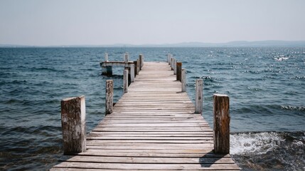 Fototapeta premium Wooden pier stretching into calm ocean, a serene escape into simplicity and peace 