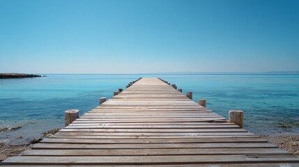 Obraz premium Wooden pier stretching into calm ocean, a serene escape into simplicity and peace 