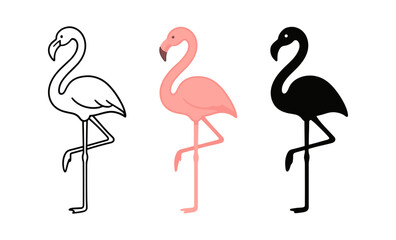 Diverse flamingo designs: outline, full color, and silhouette representation
