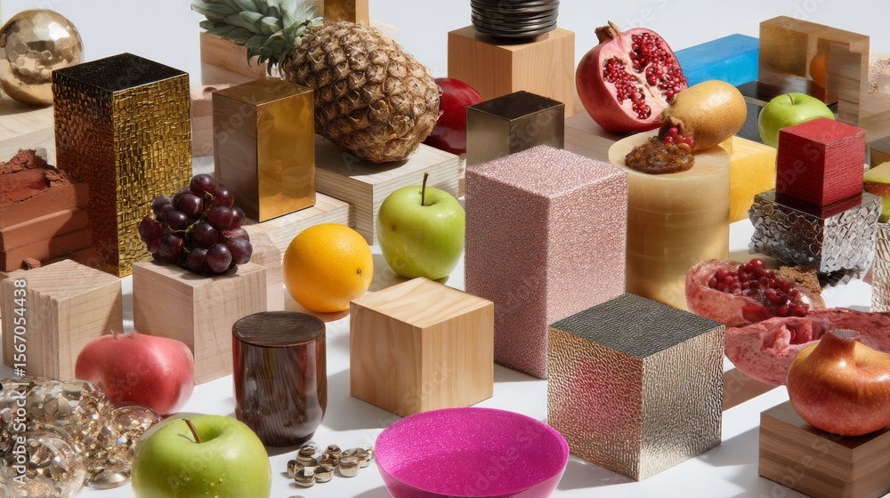 Poster abstract cube and fruit arrangement in surreal colorful display for art food design and geometry pho