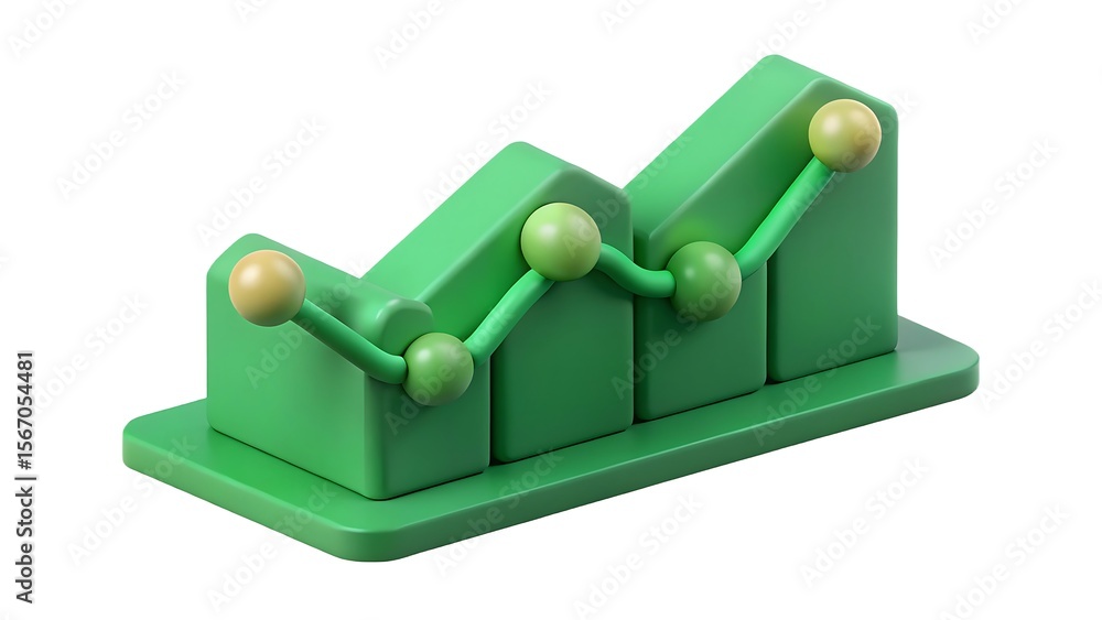 Poster stylized 3d render of a green growth chart with a smooth curved trend line and data points against a