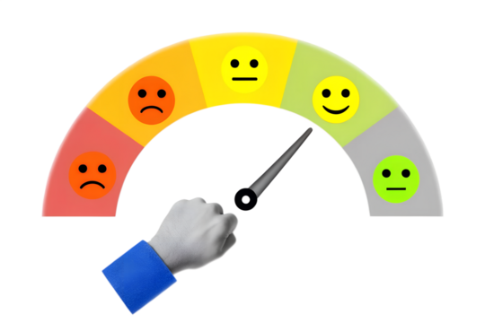 Black and white hand moves arrow on user feedback scale from sad to happy mark. Modern photo collage style. Illustration on transparent background