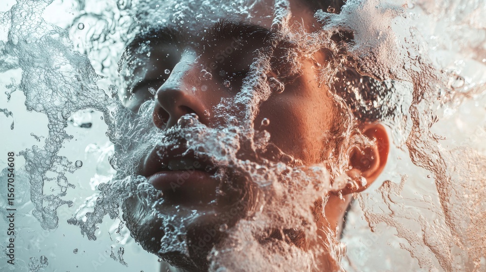 Poster man splashed with water in slow motion for creative concept portrait and surreal visual photography 