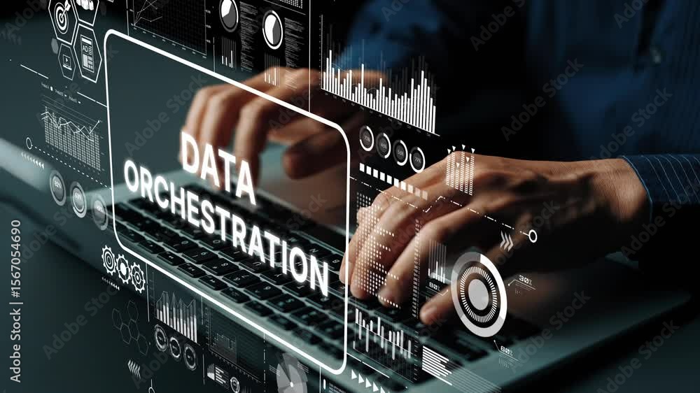 Aufkleber innovative hands typing on laptop with data orchestration concept and digital visualizations for tec