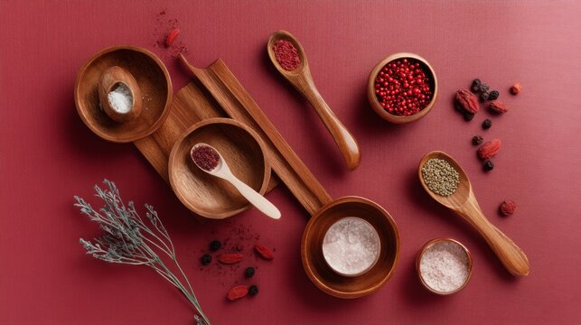 Spoons and spices on red backdrop for culinary food styling concept in minimal rustic kitchen photography