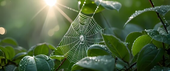 Dew covered spider web between bright green leaves with soft morning bokeh behind