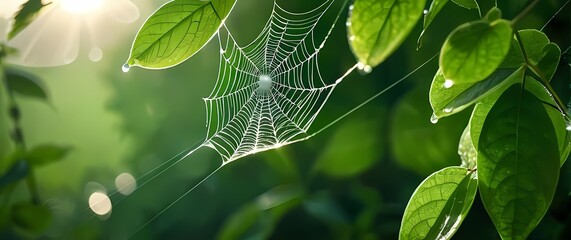 Dew covered spider web between bright green leaves with soft morning bokeh behind