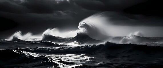 Dramatic storm clouds swirling over dark choppy ocean waves in monochrome high contrast