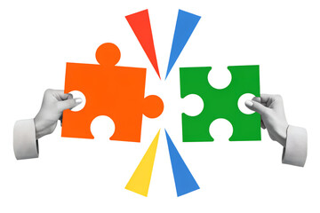 A black and white hands collect a puzzle pieces together. Modern photo collage style. Illustration on transparent background