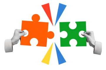 A black and white hands collect a puzzle pieces together. Modern photo collage style. Illustration on transparent background