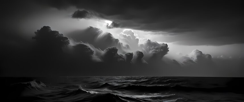 Dramatic storm clouds swirling over dark choppy ocean waves in monochrome high contrast