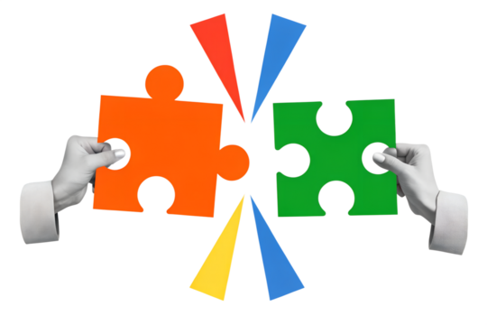 A black and white hands collect a puzzle pieces together. Modern photo collage style. Illustration on transparent background - Powered by Adobe