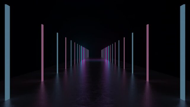 Seamless loop of a futuristic tunnel with flashing pink and blue neon lights. Abstract, synthwave-style background for VJ loops, music events, and sci-fi visuals. Ultra HD 4K 3840x2160 3D animation.
