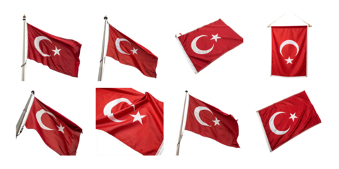Multiple views of the turkish flag isolated on transparent background