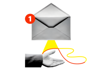 Blank and white hand holding an envelope with a unread message notification. Modern collage style. Illustration on transparent background