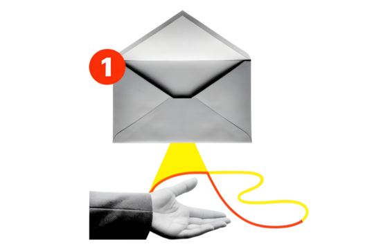 Blank and white hand holding an envelope with a unread message notification. Modern collage style. Illustration on transparent background