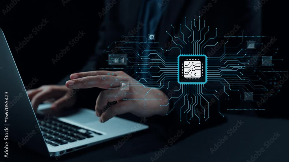 Poster a professional person interacts with a laptop, featuring vibrant cloud computing graphics. this imag