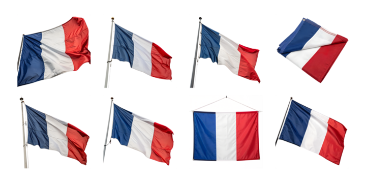 The french flag in various positions isolated on transparent background