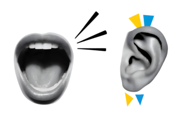 Screaming open mouth and ear - communication concept. Modern collage style. Illustration on transparent background