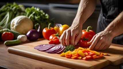 Chef cutting fresh vegetables on wooden board. Ideal for food, cooking, and culinary visuals.