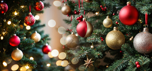 christmas tree branches with red and gold baubles against soft glowing festive lights