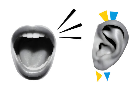 Screaming open mouth and ear - communication concept. Modern collage style. Illustration on transparent background