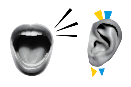 Screaming open mouth and ear - communication concept. Modern collage style. Illustration on transparent background - Powered by Adobe