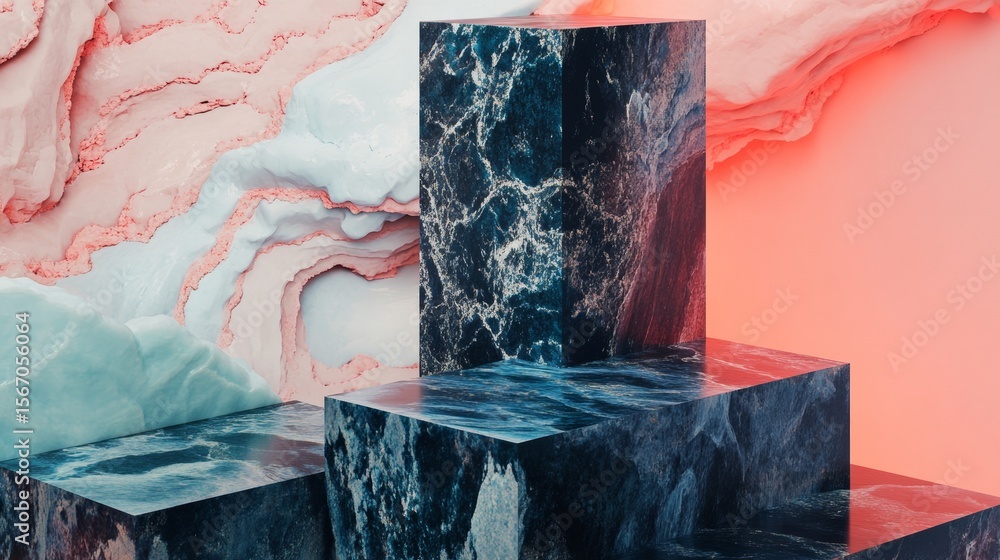Poster abstract marble blocks with pink red background for modern art design concept geometry minimalism pr