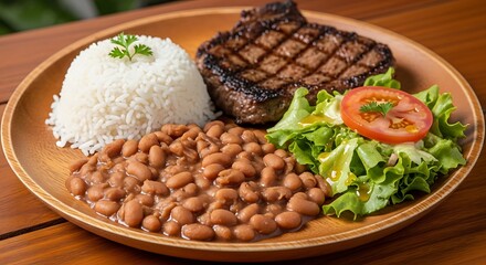 Delicious grilled steak served with fluffy white rice and hearty pinto beans accompanied by a fresh green salad with tomato slice making a complete meal