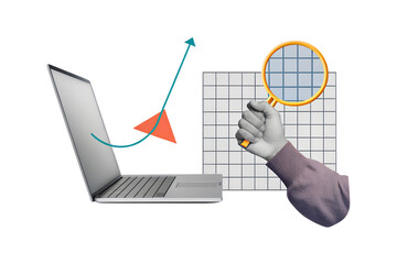 A hand with a magnifying glass comes out of a laptop monitor. Symbol of a research. Modern photo collage style. Illustration on transparent background