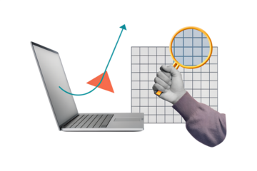 A hand with a magnifying glass comes out of a laptop monitor. Symbol of a research. Modern photo collage style. Illustration on transparent background