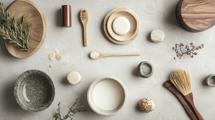 Natural spa accessories on neutral background with bowls brushes and stones for relaxation photography concept