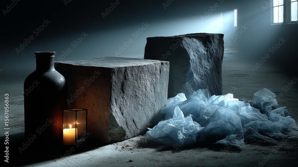 Poster dark dramatic abstract composition with rock forms and fog for moody atmospheric photography visual 
