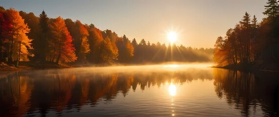 Golden hour sunlight reflecting on calm lake surrounded by autumn trees in vivid colors