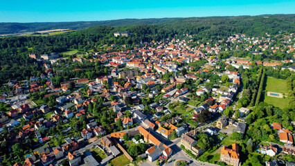 Aerial view of the old town Blankenburg in Germany on a sunny noon in spring	
