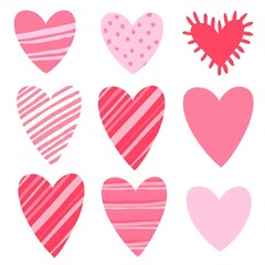 A collection of simple, cute pink and red vector hearts, isolated on a clean white background, ideal for Valentines Day sticker sheets and romantic designs.