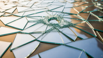 A close-up macro photograph of shattered glass fragments creating a geometric pattern. 