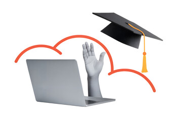 Black and white hand extending from laptop screen tosses college cap. Degree ceremony concept. Online education. Modern collage style. Illustration on transparent background
