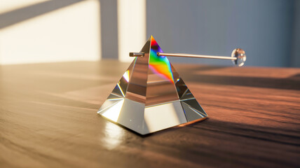 A close-up photograph of a crystal prism on a dark wooden surface. The prism is triangular in shape with a flat base and three transparent sides.