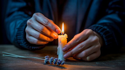 A close-up photograph of hands lighting a white wax candle against a dark background.