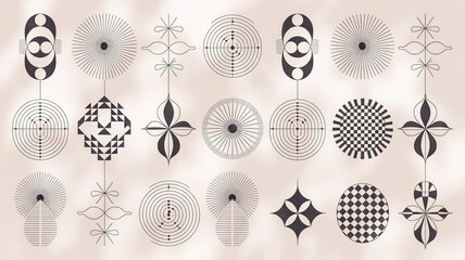 A collection of 20 minimalist geometric line art designs arranged in a grid layout on a light beige background.