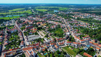 Aerial view of the dowtown of the city Roßlau in Germany on a sunny afternoon in spring	
