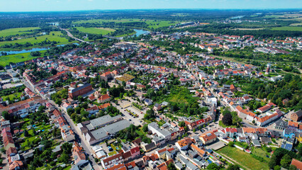 Aerial view of the dowtown of the city Roßlau in Germany on a sunny afternoon in spring	
