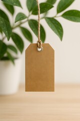 Brown Paper Tag Hanging with Twine and Green Leaves Background