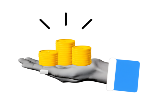 Black and white hand holding a stacks of gold coins. Modern photo collage style. Illustration on transparent background