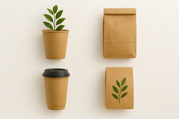 Fototapeta premium Eco Friendly Packaging with Plant Coffee Cup and Paper Bags